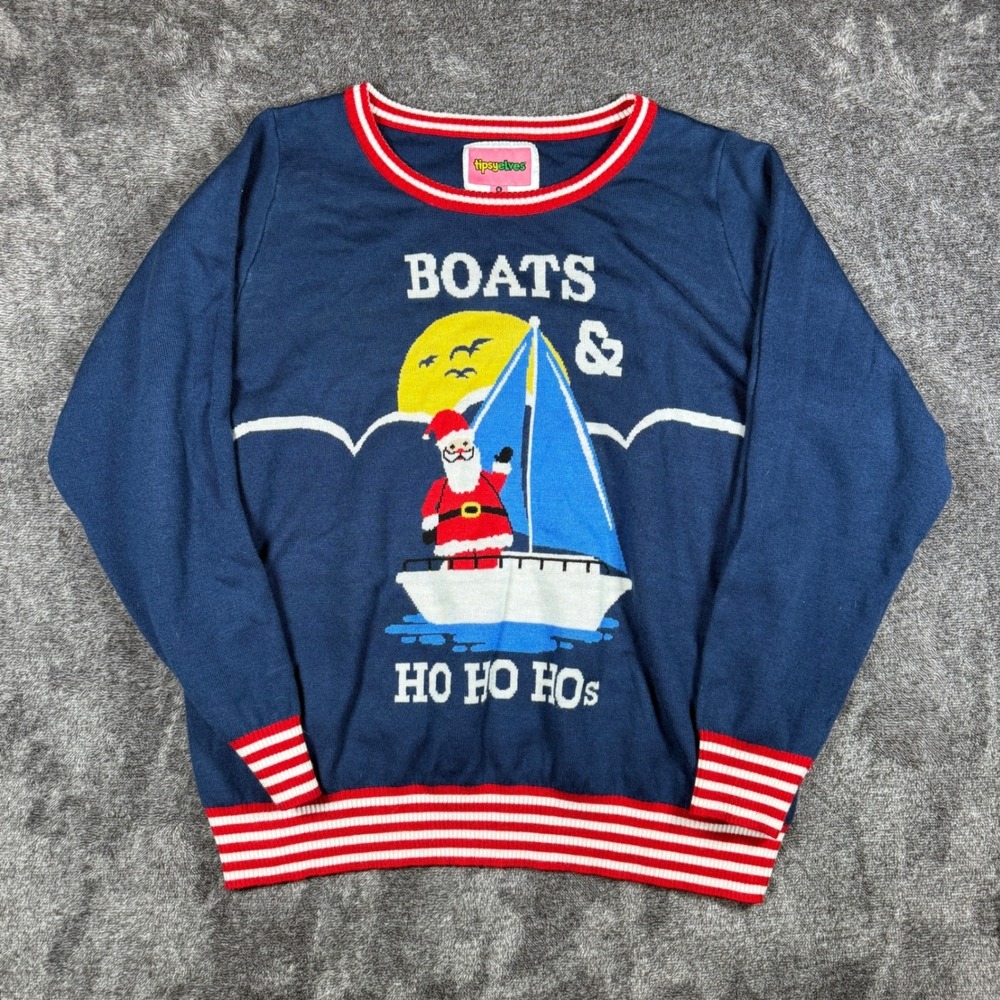 Tipsy Elves Boats & Ho Ho Hos Santa Christmas Sweater Navy Blue XL